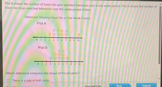 Plot A shows the number of hours ten girls watched television over a one-week period. Plot B shows the number of
hours ten boys watched television over the same period of time.
Television Viewing Hours for a One-Week Period
Plot A
0 1 2 3 4 5 6 7 B 9 10
Which statement compares the shape of the dot plots?
There is a gap in both plots
Save and Exit Next Submit