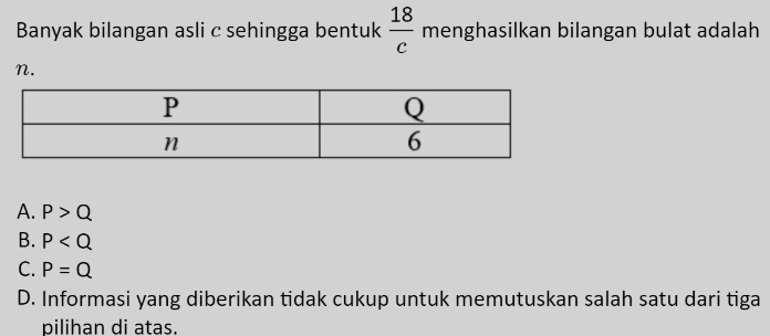 Banyak bilangan asli c sehingga bentuk  18/c  menghasilkan bilangan bulat adalah
n.
A. P>Q
B. P
C. P=Q
D. Informasi yang diberikan tidak cukup untuk memutuskan salah satu dari tiga
pilihan di atas.