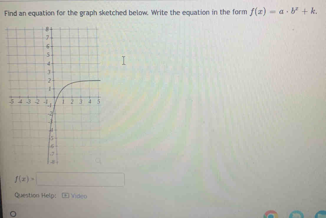 Find an equation for the graph sketched below. Write the equation in the form f(x)=a· b^x+k.
f(x)=□
Question Help: | Vídeo