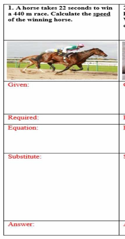 A horse takes 22 seconds to win 
a 440 m race. Calculate the speed 
of the winning horse. 
G 
RI 
E1 
S 
A