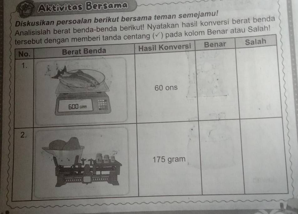 Aktivitas Bersama 
Diskusikan persoalan berikut bersama teman semejamu! 
a-benda berikut! Nyatakan hasil konversi berat benda 
Salah!