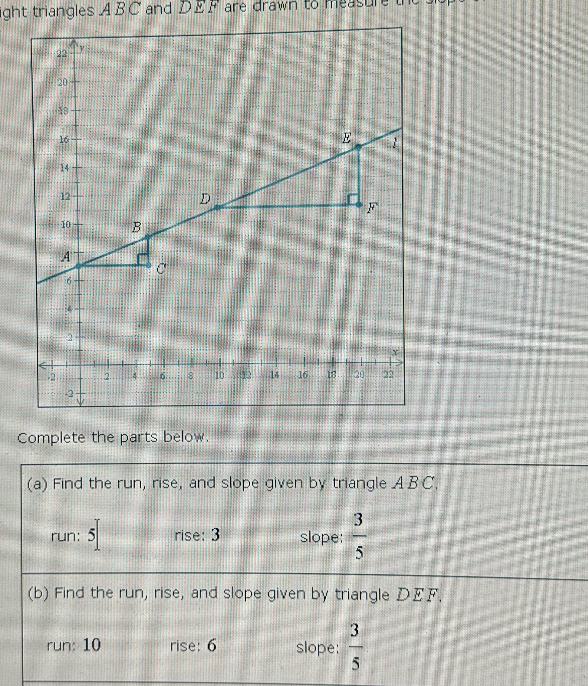 ight triangles ABC and DE. 1 are drawn to measure the 
Complete the parts below.
(a) Find the run, rise, and slope given by triangle ABC.
run: 5[ rise: 3 slope:  3/5 
(b) Find the run, rise, and slope given by triangle DEF.
run: 10 rise: 6 slope:  3/5 