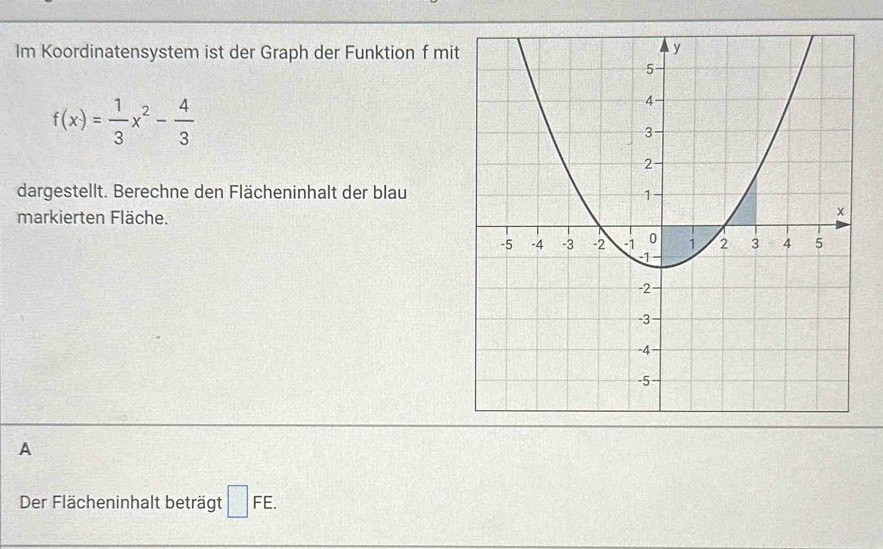 Im Koordinatensystem ist der Graph der Funktion f mi
f(x)= 1/3 x^2- 4/3 
dargestellt. Berechne den Flächeninhalt der blau 
markierten Fläche. 
A 
Der Flächeninhalt beträgt □ FE.