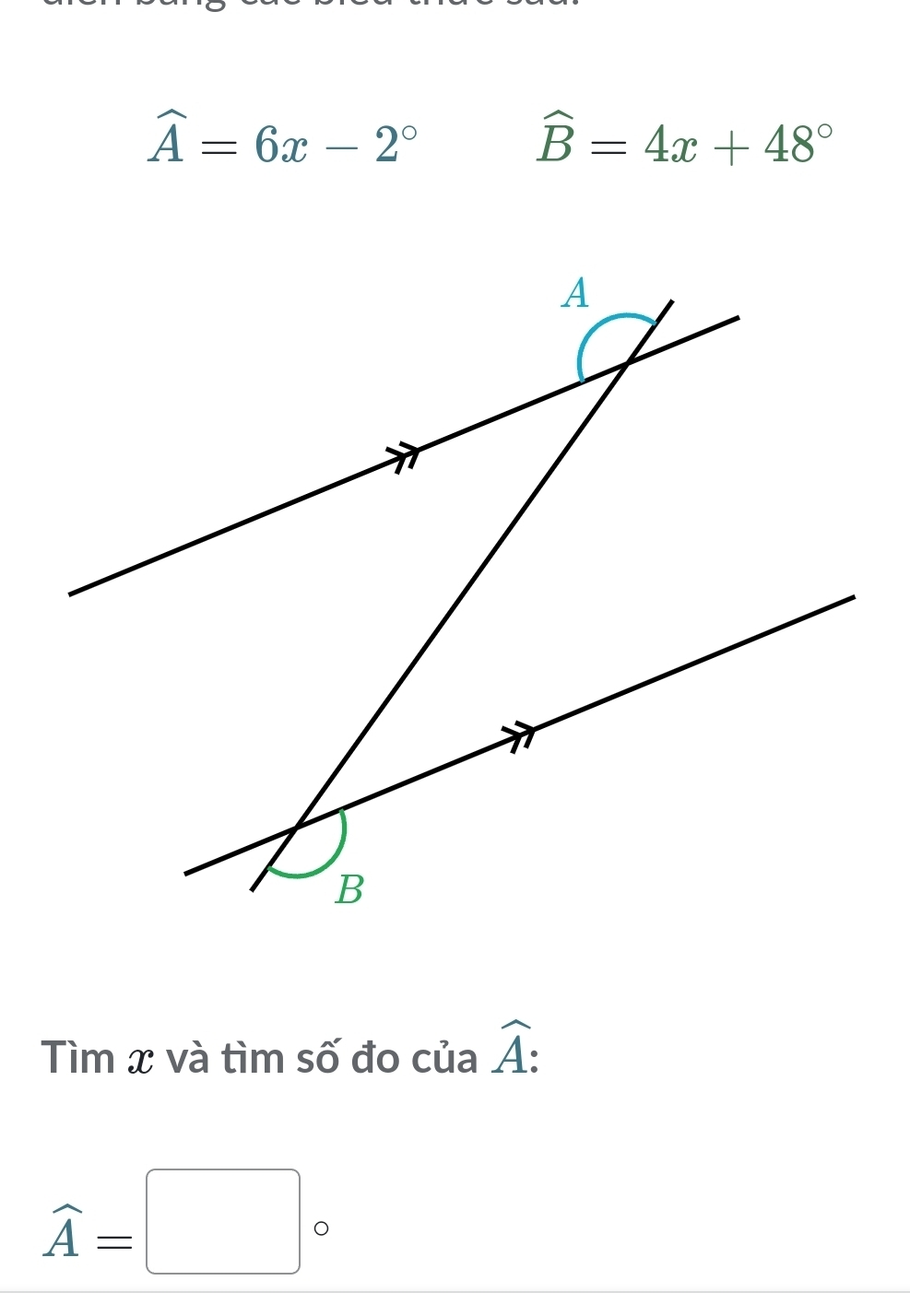 widehat A=6x-2°
widehat B=4x+48°
Tìm x và tìm số đo của widehat A :
widehat A=□°