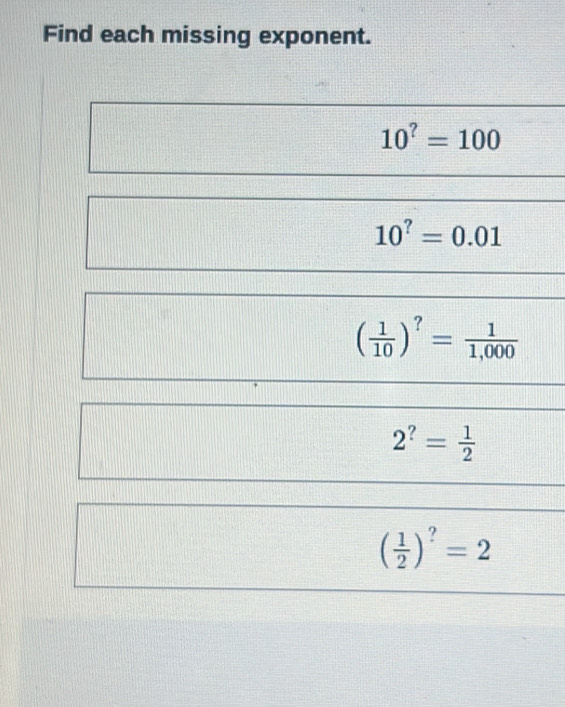 Find each missing exponent.