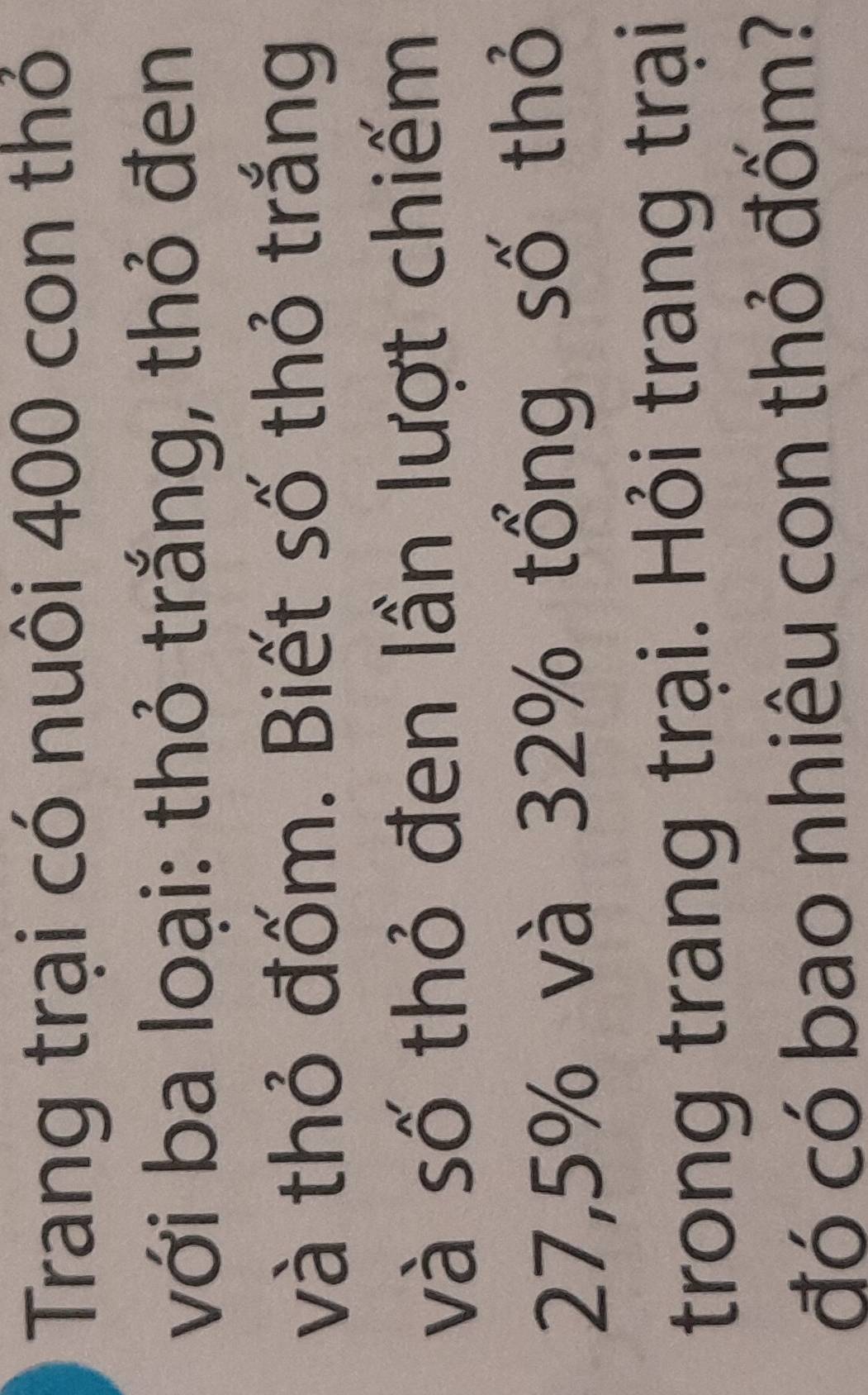 Trang trại có nuôi 400 con thỏ 
với ba loại: thỏ trắng, thỏ đen 
và thỏ đốm. Biết số thỏ trắng 
và số thỏ đen lần lượt chiếm
27,5% và 32% tổng số thỏ 
trong trang trại. Hỏi trang trại 
đó có bao nhiêu con thỏ đốm?