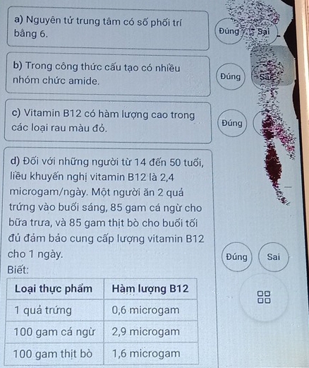 Nguyên tử trung tâm có số phối trí 
bằng 6. Đúng Sại 
b) Trong công thức cấu tạo có nhiều Đúng 
nhóm chức amide. 
c) Vitamin B12 có hàm lượng cao trong Đúng 
các loại rau màu đỏ. 
d) Đối với những người từ 14 đến 50 tuổi, 
liều khuyến nghị vitamin B12 là 2, 4
microgam/ngày. Một người ăn 2 quá 
trứng vào buổi sáng, 85 gam cá ngừ cho 
bữa trưa, và 85 gam thịt bò cho buổi tối 
đủ đảm báo cung cấp lượng vitamin B12
cho 1 ngày. Đúng Sai 
Biết: