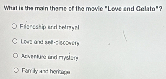 What is the main theme of the movie "Love and Gelato"?
Friendship and betrayal
Love and self-discovery
Adventure and mystery
Family and heritage