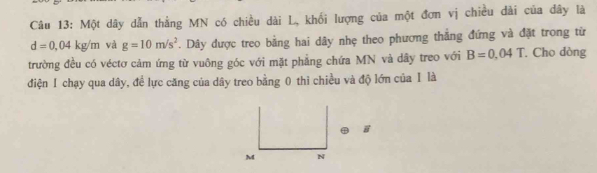 Một dây dẫn thằng MN có chiều dài L, khối lượng của một đơn vị chiều dài của dây là
d=0,04kg/m và g=10m/s^2. Dây được treo bằng hai dây nhẹ theo phương thắng đứng và đặt trong từ 
trường đều có véctơ cảm ứng từ vuông góc với mặt phẳng chứa MN và dây treo với B=0.04T. Cho dòng 
điện I chạy qua dây, để lực căng của dây treo bằng 0 thì chiều và độ lớn của Ⅰ là

M N