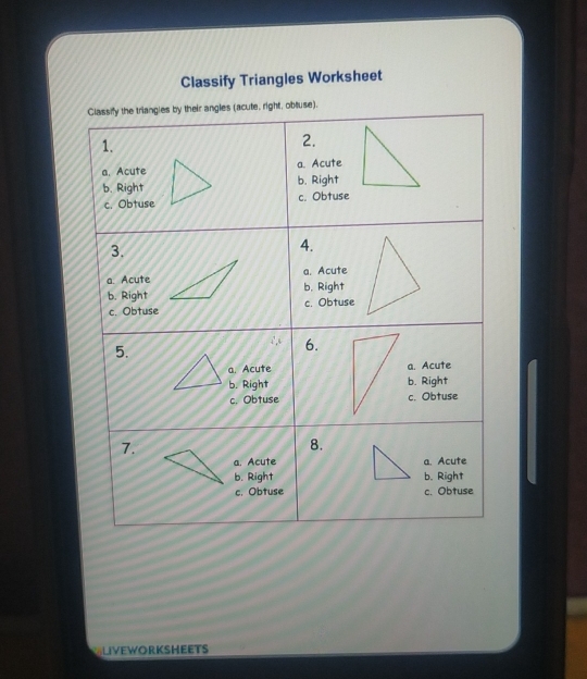 Classify Triangles Worksheet 
se). 
LivewoRKSHEETs