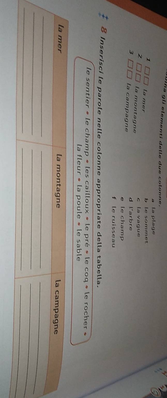 bina gli elementi delle due colonne.
a la plage
1 la mer
b le sommet
2 la montagne
c la vague
d l'arbre
3 la campagne
e le champ
f le ruisseau
8 Inserisci le parole nelle colonne appropriate della tabella.
le sentier « le champ • les cailloux » le pré « le coq « le rocher »
la fleur • la poule • le sable