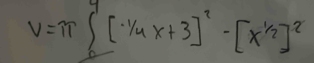 V=π ∈tlimits _0^(4[frac 1)4x+3]^2-[x^(frac 1)2]^2