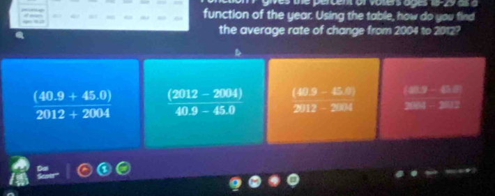 function of the year. Using the table, how do you find
the average rate of change from 2004 to 2012?
 ((40.9+45.0))/2012+2004   ((2012-2004))/40.9-45.0  (40.9-45.0)
2y12-31x4