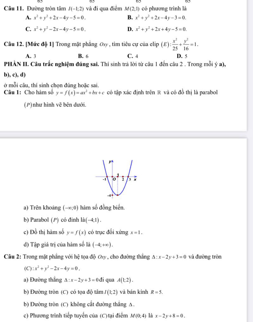 6
6>
65
Câu 11. Đường tròn tâm I(-1;2) và đi qua điểm M(2;1) có phương trình là
A. x^2+y^2+2x-4y-5=0. B. x^2+y^2+2x-4y-3=0.
C. x^2+y^2-2x-4y-5=0. D. x^2+y^2+2x+4y-5=0.
Câu 12. [Mức độ 1] Trong mặt phẳng Oxy , tìm tiêu cự của elip ) ( E): x^2/25 + y^2/16 =1.
A. 3 B. 6 C. 4 D. 5
PHÀN II. Câu trắc nghiệm đúng sai. Thí sinh trả lời từ câu 1 đến câu 2 . Trong mỗi ý a),
b), c), d)
ở mỗi câu, thí sinh chọn đúng hoặc sai.
Câu 1: Cho hàm số y=f(x)=ax^2+bx+c có tập xác định trên R và có đồ thị là parabol
(P)như hình vẽ bên dưới.
a) Trên khoảng (-∈fty ;0) hàm số đồng biến.
b) Parabol (P) có đinh là (-4;1).
c) Dhat o thị hàm số y=f(x) có trục đối xứng x=1.
d) Tập giá trị của hàm số là (-4;+∈fty ).
Câu 2: Trong mặt phẳng với hệ tọa độ Oxy, cho đường thắng △ :x-2y+3=0 và đường tròn
(C) x^2+y^2-2x-4y=0.
a) Đường thắng Delta :x-2y+3=0 đi qua A(1;2).
b) Đường tròn (C) có tọa độ tâm I(1;2) và bán kính R=5.
b) Đường tròn (C) không cắt đường thắng Δ.
c) Phương trình tiếp tuyến của (C) tại điểm M(0;4) là x-2y+8=0.