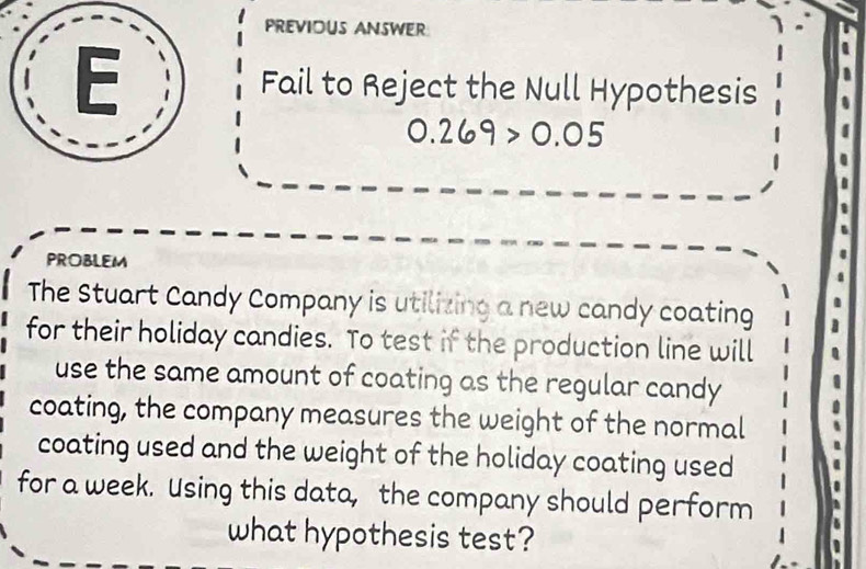 PREVIOUS ANSWER 
Fail to Reject the Null Hypothesis
0.269>0.05
PROBLEM 
The Stuart Candy Company is utilizing a new candy coating 
for their holiday candies. To test if the production line will 
use the same amount of coating as the regular candy 
coating, the company measures the weight of the normal 
coating used and the weight of the holiday coating used 
for a week. Using this data, the company should perform 
what hypothesis test?