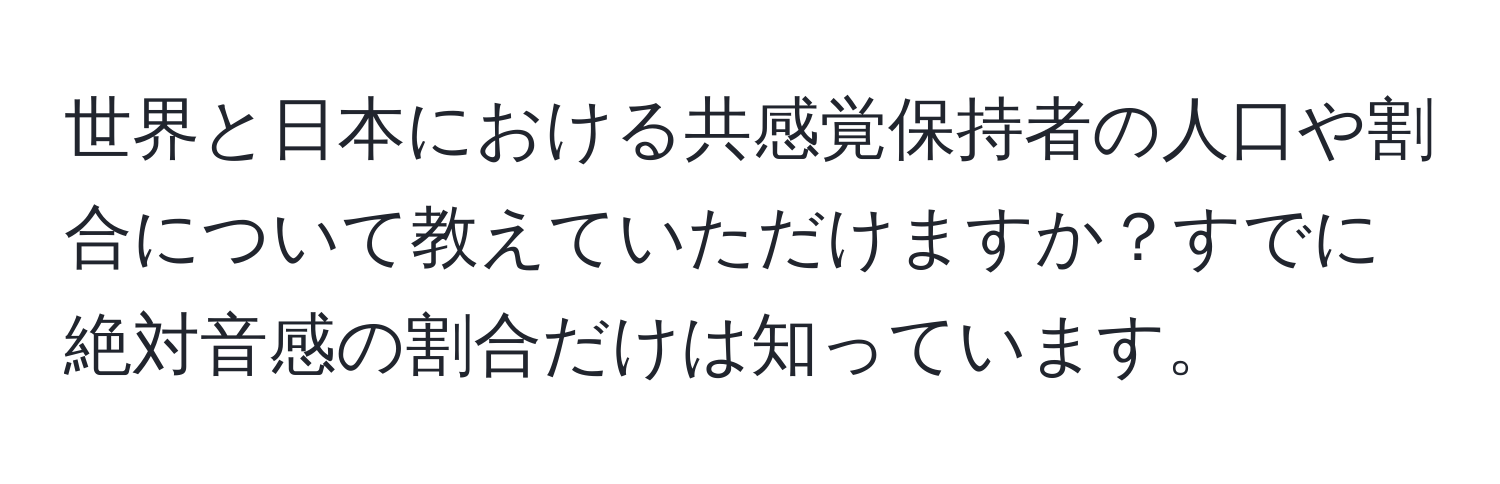 世界と日本における共感覚保持者の人口や割合について教えていただけますか？すでに絶対音感の割合だけは知っています。