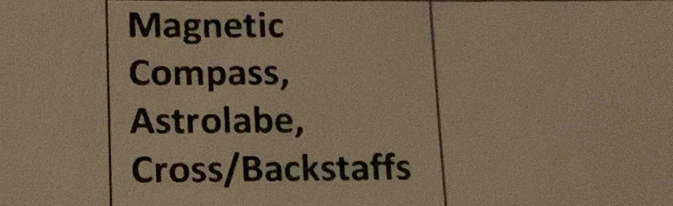 Magnetic 
Compass, 
Astrolabe, 
Cross/Backstaffs