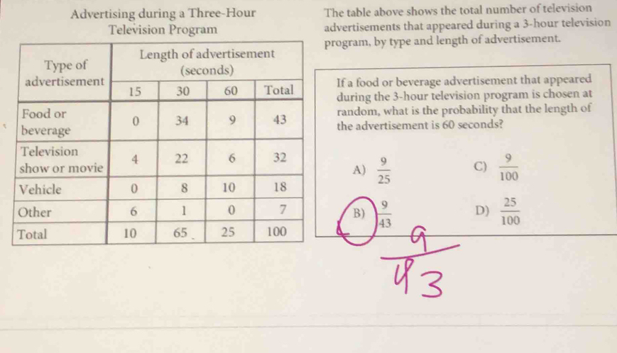 Advertising during a Three-Hour The table above shows the total number of television
Television Program advertisements that appeared during a 3-hour television
ogram, by type and length of advertisement.
If a food or beverage advertisement that appeared
during the 3-hour television program is chosen at
random, what is the probability that the length of
the advertisement is 60 seconds?
C)
A)  9/25   9/100 
B)  9/43  D)  25/100 