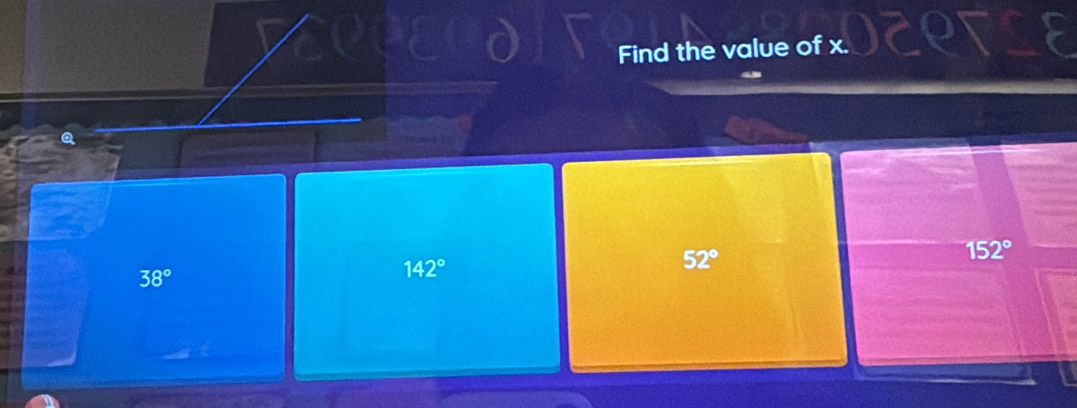 Find the value of x.
52°
152°
38°
142°