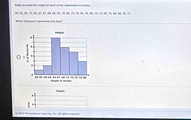 Kelly recorded the height of each of her classmates in inches
59, 61, 64, 72, 65, 67, 67, 69, 65, 64, 72, 66, 73, 73, 65, 76, 68, 72, 74, 63, 75, 60, 68, 76, 71
Which histogram represents this data?
Height
8
7 6
© 2024 Rensissance Learning, Inc. All rights reserved.