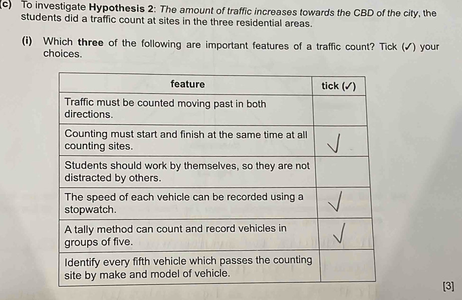 To investigate Hypothesis 2: The amount of traffic increases towards the CBD of the city, the 
students did a traffic count at sites in the three residential areas. 
(i) Which three of the following are important features of a traffic count? Tick (✓) your 
choices. 
[3]