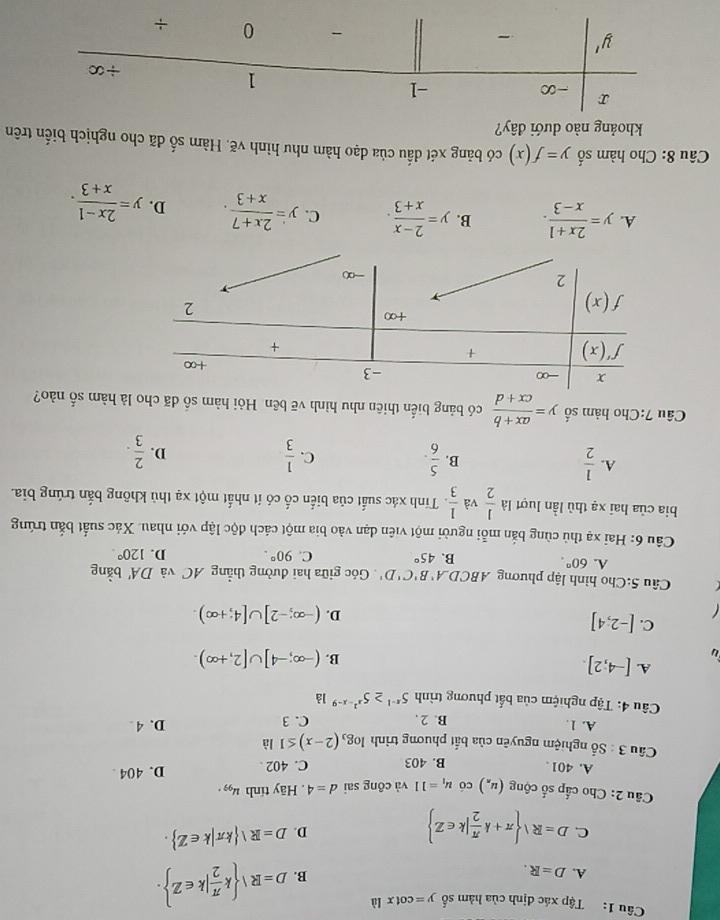 Tập xác định của hàm số y=cot xli D=R k π /2 |k∈ Z .
A. D=R.
B.
C. D=R| π +k π /2 |k∈ Z
D. D=R kπ |k∈ Z .
Câu 2: Cho cấp số cộng (u_n) có u_1=11 và công sai d=4. Hãy tính u_99.
A. 401 . B. 403 C. 402 . D. 404 .
Câu 3 : Số nghiệm nguyên của bắt phương trình log _3(2-x)≤ 1 là
A. 1. B. 2 . C. 3 D. 4 .
Câu 4: Tập nghiệm của bắt phương trình 5^(x-1)≥ 5^(x^2)-x-9 là
A. [-4;2].
B. (-∈fty ;-4]∪ [2,+∈fty ).
C.
[-2;4]
D. (-∈fty ;-2]∪ [4;+∈fty ).
Câu 5:Cho hình lập phương ABCD. A'B'C'D' Góc giữa hai đường thẳng AC và DA' bằng
A. 60°.
B. 45° C. 90°. D. 120°.
Câu 6: Hai xạ thủ cùng bắn mỗi người một viên đạn vào bia một cách độc lập với nhau. Xác suất bắn trúng
bia của hai xạ thủ lần luợt là  1/2  và  1/3  -. Tinh xác suất của biến cố có ít nhất một xạ thủ không bắn trúng bia.
A.  1/2   5/6 .  1/3   2/3 .
B.
C.
D.
Câu 7:Cho hàm số y= (ax+b)/cx+d  có bảng biến thiên nhu hình vẽ bên Hỏi hàm số đã cho là hàm số nào?
A. y= (2x+1)/x-3 . B. y= (2-x)/x+3 . C. y= (2x+7)/x+3 . D. y= (2x-1)/x+3 .
Câu 8: Cho hàm số y=f(x) có bảng xét dấu của đạo hàm như hình vẽ. Hàm số đã cho nghịch biến trên
khoảng nào dưới đây?