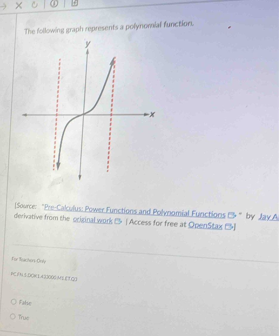 a 4
The following graph represents a polynomial function.
[Source: “Pre-Calculus: Power Functions and Polynomial Functions → ” by Jay A
derivative from the original work B | Access for free at OpenStax B]
For Teachers Only
PC.FN.5.DOK1.433000.M1.ET.Q3
False
True