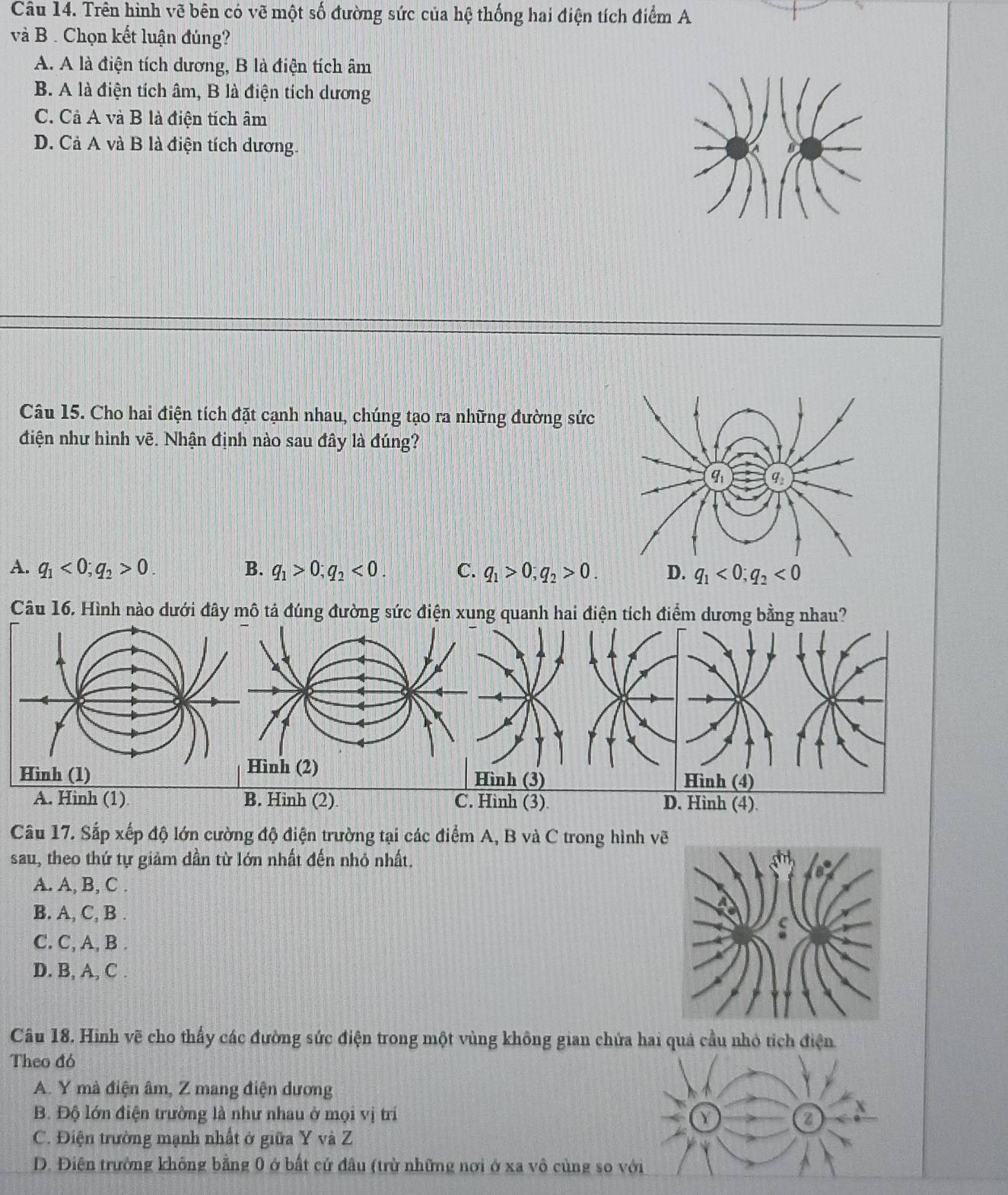 Trên hình vẽ bên có vẽ một số đường sức của hệ thống hai điện tích điểm A
và B . Chọn kết luận đúng?
A. A là điện tích dương, B là điện tích âm
B. A là điện tích âm, B là điện tích dương
C. Cả A và B là điện tích âm
D. Cả A và B là điện tích dương.
Câu 15. Cho hai điện tích đặt cạnh nhau, chúng tạo ra những đường sức
điện như hình vẽ. Nhận định nào sau đây là đúng?
A. q_1<0;q_2>0. B. q_1>0;q_2<0. C. q_1>0;q_2>0.
Câu 16. Hình nào dưới đây mô tả đúng đường sức điện xung quanh hai điện tích điểm dương bằng nhau?
ình (3) Hình (4)
A. Hinh (1) B. Hinh (2). C. Hinh (3) D. Hinh (4).
Câu 17. Sắp xếp độ lớn cường độ điện trường tại các điểm A, B và C trong hình vẽ
sau, theo thứ tự giảm dần từ lớn nhất đến nhỏ nhất.
A. A, B, C .
B. A, C, B .
C. C, A, B .
D. B, A, C .
Câu 18. Hình vẽ cho thấy các đường sức điện trong một vùng không gian chứa hai quả cầu nhỏ tích điện
Theo đó
A. Y mà điện âm, Z mang điện dương
B. Độ lớn điện trường là như nhau ở mọi vị trí
C. Điện trường mạnh nhất ở giữa Y và Z
D. Điện trường không bằng 0 ở bất cứ đầu (trừ những nơi ở xa vô cùng so v