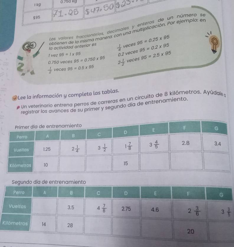 Los valores fraccionarios, decima
obtienen de la misma manera: con una multi
la actividad anterior es  1/4  1
veces 95=0.25* 95
1 vez 95=1* 95 O.2 2 veces 95=0.2* 95
0.750 veces 95=0.750* 95 2 1/2 vec 9S 95=2.5* 95
 1/2  veces 95=0.5* 95
①Lee la información y completa las tablas.
Un veterínario entrena perros de carreras en un circuito de 8 kilómetros. Ayúdale 
registrar los avances de su primer y segundo día de entrenamiento.
de entnto
K