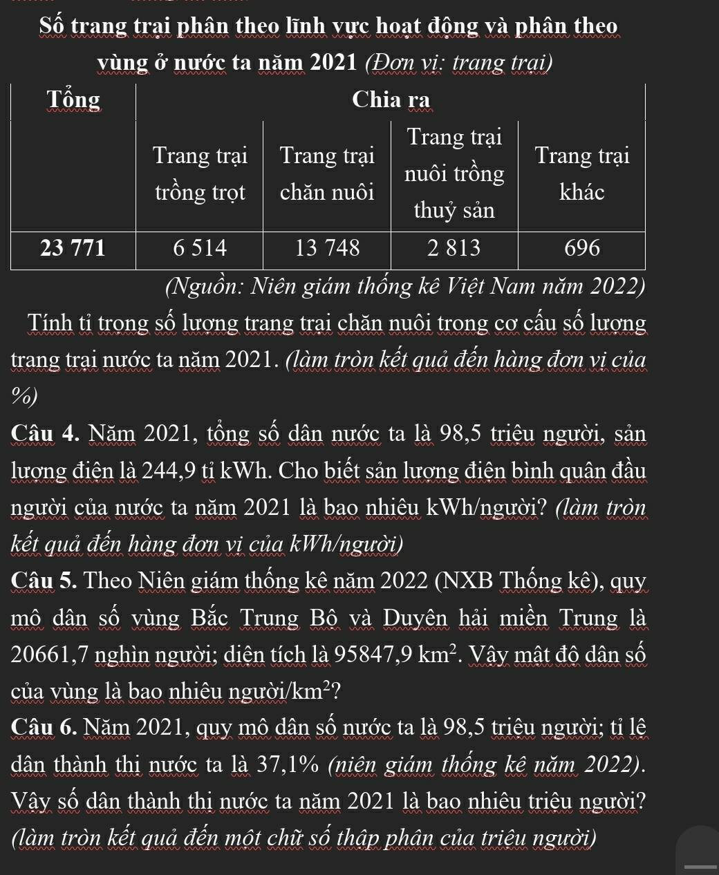 Số trang trại phân theo lĩnh vực hoạt động và phân theo 
vùng ở nước ta năm 2021 (Đơn vị: trang trại) 
(Nguồn: Niên giám thống kê Việt Nam năm 2022) 
Tính tỉ trọng số lượng trang trại chăn nuôi trong cơ cấu số lượng 
trang trại nước ta năm 2021. (làm tròn kết quả đến hàng đơn vị của
%) 
Câu 4. Năm 2021, tổng số dân nước ta là 98,5 triệu người, sản 
lượng điện là 244, 9 tỉ kWh. Cho biết sản lượng điện bình quân đầu 
người của nước ta năm 2021 là bao nhiêu kWh/người? (làm tròn 
kết quả đến hàng đơn vi của kWh/người) 
Câu 5. Theo Niên giám thống kê năm 2022 (NXB Thống ke) , quy 
mô dân số vùng Bắc Trung Bộ và Duyên hải miền Trung là
20661,7 nghìn người; diện tích là 95847, 9km^2. Vậy mật độ dân số 
của vùng là bao nhiêu người /km^2 7 
Câu 6. Năm 2021, quy mô dân số nước ta là 98, 5 triệu người; tỉ lệ 
dân thành thị nước ta là 37, 1% (niên giám thống kê năm 2022). 
Vậy số dân thành thị nước ta năm 2021 là bao nhiêu triêu người? 
(làm tròn kết quả đến một chữ số thập phân của triệu người)