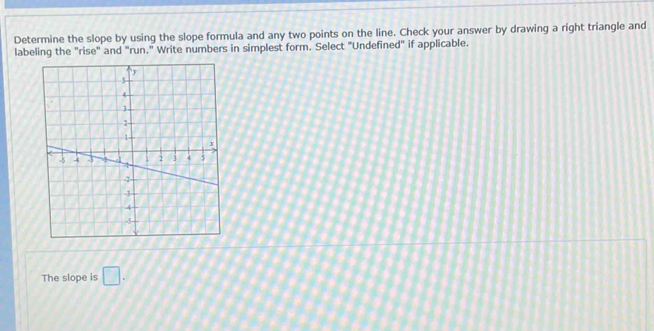 Determine the slope by using the slope formula and any two points on the line. Check your answer by drawing a right triangle and 
labeling the "rise" and "run." Write numbers in simplest form. Select "Undefined" if applicable. 
The slope is □.