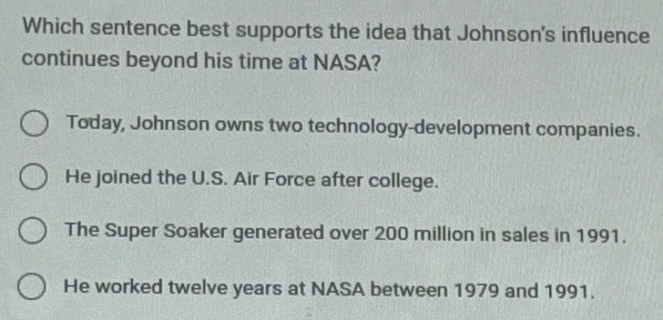 Gelöst:Which sentence best supports the idea that Johnson's influence ...