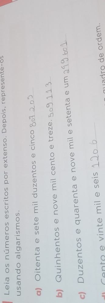 Leia os números escritos por extenso. Depois, represente-os 
usando algarismos. 
α) Oitenta e sete mil duzentos e cinco_ 
b) Quinhentos e nove mil cento e treze._ 
c) Duzentos e quarenta e nove mil e setenta e um_ 
Cento e vinte mil e seis_ 
quadro de ordem.