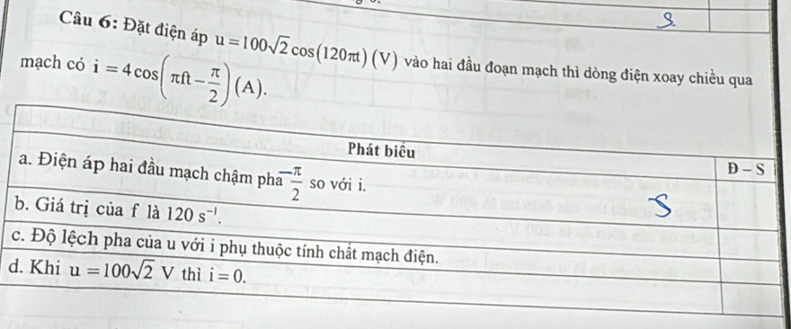 Đặt điện áp u=100sqrt(2)cos (120π t)(V) vào hai đầu đoạn mạch thì dòng điện xoay chiều qua
mạch có i=4cos (π ft- π /2 )(A).
d