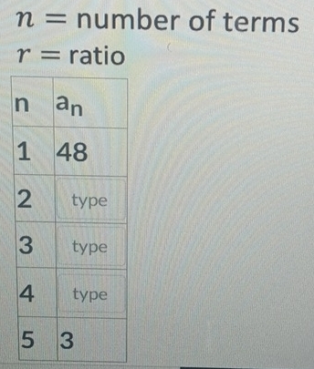 n= number of terms
r= ratio