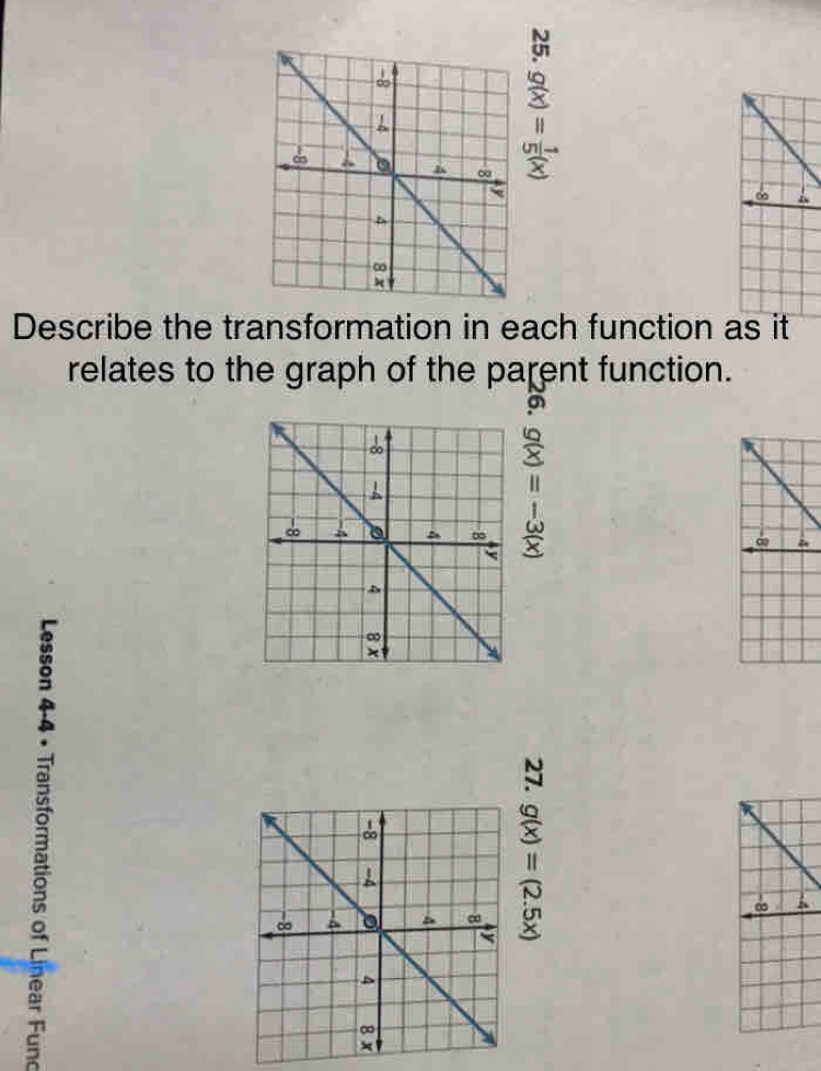 Describe the transformation in each function as it 
relates to the graph of the parent function. 
.