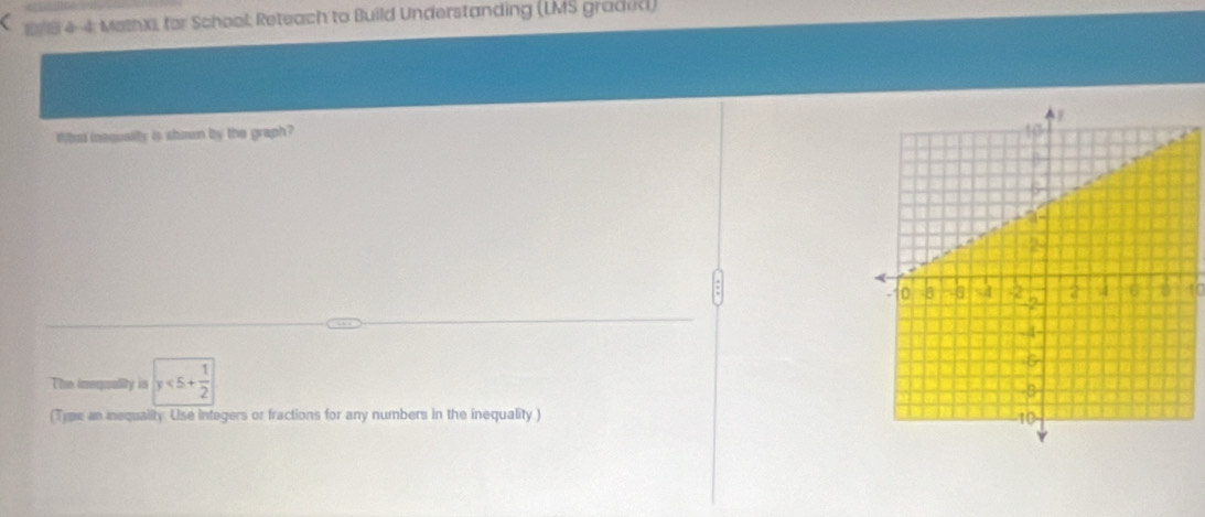 1/8 4-4: MethXi, for School: Reteach to Build Understanding (LMS graded) 
What inequailty is shown by the graph? 
The imequality in y<5+ 1/2 
(Tyme an mequality. Use integers or fractions for any numbers in the inequality )