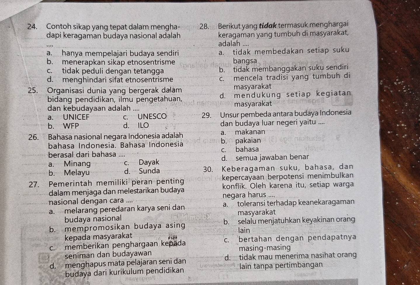 Contoh sikap yang tepat dalam mengha- 28. Berikut yang tidak termasuk menghargai
dapi keragaman budaya nasional adalah keragaman yang tumbuh di masyarakat,
adalah ....
a. hanya mempelajari budaya sendiri a. tidak membedakan setiap suku
b. menerapkan sikap etnosentrisme bangsa
c. tidak peduli dengan tetangga b. tidak membanggakan suku sendiri
d. menghindari sifat etnosentrisme c. mencela tradisi yang tumbuh di
25. Organisasi dunia yang bergerak dalam masyarakat
bidang pendidikan, ilmu pengetahuan, d. mendukung setiap kegiatan
dan kebudayaan adalah .... masyarakat
a. UNICEF c. UNESCO 29. Unsur pembeda antara budaya Indonesia
b. WFP d. ILO dan budaya luar negeri yaitu ....
26. Bahasa nasional negara Indonesia adalah a. makanan
bahasa Indonesia. Bahasa Indonesia b. pakaian
berasal dari bahasa .... c. bahasa
a. Minang c. Dayak d. semua jawaban benar
b. Melayu d. Sunda 30. Keberagaman suku, bahasa, dan
27. Pemerintah memiliki peran penting kepercayaan berpotensi menimbulkan
konflik. Oleh karena itu, setiap warga
dalam menjaga dan melestarikan budaya
negara harus ....
nasional dengan cara ....
a. toleransi terhadap keanekaragaman
a. melarang peredaran karya seni dan
masyarakat
budaya nasional
b. selalu menjatuhkan keyakinan orang
b. mempromosikan budaya asing lain
kepada masyarakat
c. bertahan dengan pendapatnya
c. memberikan penghargaan kepada
masing-masing
seniman dan budayawan
d. tidak mau menerima nasihat orang
d. menghapus mata pelajaran seni dan
lain tanpa pertimbangan
budaya dari kurikulum pendidikan