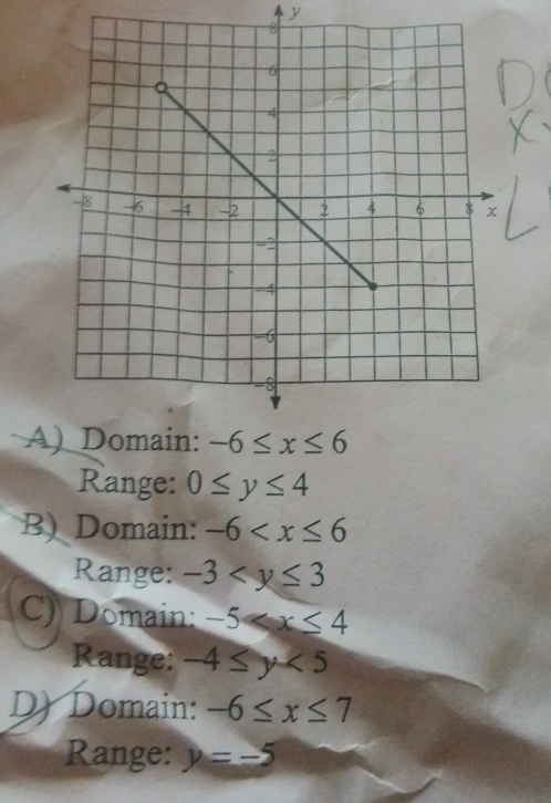 A
Range: 0≤ y≤ 4
B) Domain: -6
Range: -3
C) Domain: -5≤slant x≤slant 4
Range: -4≤ y<5</tex>
D) Domain: -6≤ x≤ 7
Range: y=-5