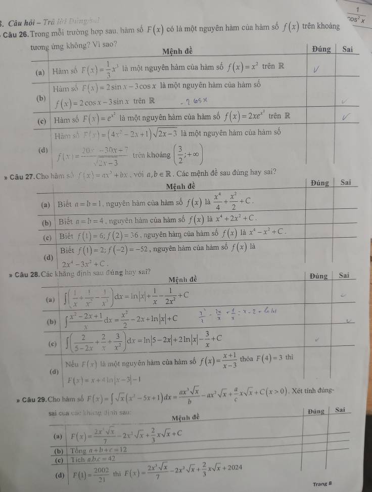 Câu hồi - Trã lời Dùng/xal
 1/cos^2x 
Câu 26. Trong mỗi trường hợp sau, hàm số F(x) có là một nguyên hàm của hàm số f(x) trên khoảng
* Câu 27. Cho hàm số f(x)=ax^3+bx với a,b∈ R. Các mệnh đề sau
Mệnh đề Đúng Sai
(a) Biết a=b=1 nguyên hàm của hàm số f(x) là  x^4/4 + x^2/2 +C.
(b) Biết a=b=4. nguyên hàm của hàm số f(x) là x^4+2x^2+C.
(c) Biết f(1)=6;f(2)=36 , nguyên hàm của hàm số f(x) là x^4-x^2+C.
Biết
(d) f(1)=2;f(-2)=-52 , nguyên hàm của hàm số f(x) là
2x^4-3x^2+C.
# 
# Câu 29.Cho hàm số F(x)=∈t sqrt(x)(x^2-5x+1)dx= ax^3sqrt(x)/b -ax^2sqrt(x)+ a/c xsqrt(x)+C(x>0).