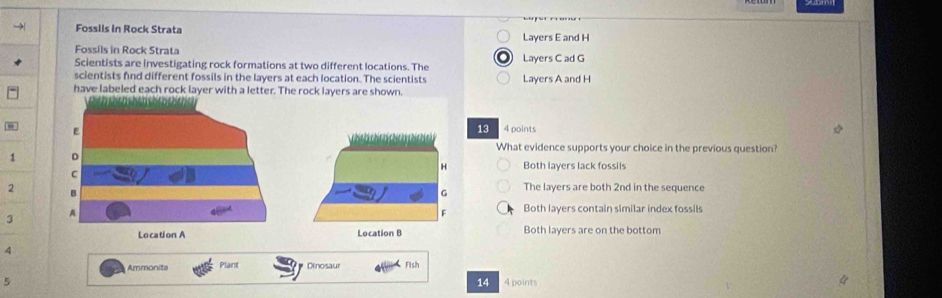 → Fossils in Rock Strata Layers E and H
Fossils in Rock Strata
Scientists are investigating rock formations at two different locations. The Layers C ad G
scientists fnd different fossils in the layers at each location. The scientists Layers A and H
have labeled each rock layer with a letter. The rock layers are shown.
13
4 points
What evidence supports your choice in the previous question?
1
Both layers lack fossils
2
The layers are both 2nd in the sequence
3
Both layers contain similar index fossils
Both layers are on the bottom
4
Ammonite Plant Dinosaur Fish
5
14 4 points