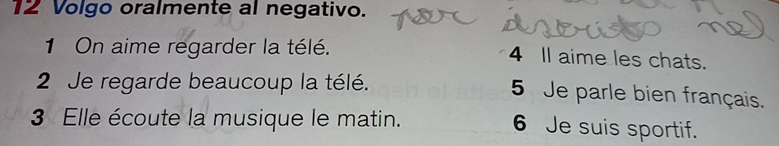 Volgo oralmente al negativo. 
1 On aime regarder la télé. 
4 Il aime les chats. 
2 Je regarde beaucoup la télé. 
5 Je parle bien français. 
3 Elle écoute la musique le matin. 
6 Je suis sportif.