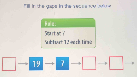 Fill in the gaps in the sequence below. 
Rule: 
Start at ? 
Subtract 12 each time
19 1