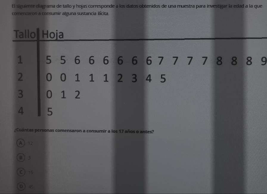 siguiente diagrama de tallo y hojas corresponde a los datos obtenidos de una muestra para investigar la edad a la que
comenzaron a consumir alguna sustancia ilícita.
9
¿Cuántas personas comensaron a consumir a los 17 años o antes?
A 12
B 3
C) 15
D  45