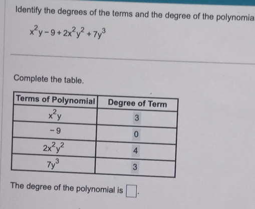 Identify the degrees of the terms and the degree of the polynomia
x^2y-9+2x^2y^2+7y^3
Complete the table.
The degree of the polynomial is □ .