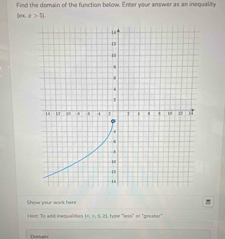 Find the domain of the function below. Enter your answer as an inequality
(ex.x>5). 
Show your work here 
Hint: To add inequalities (,≤ ,≥ ). type “less” or “greater” 
Domain: