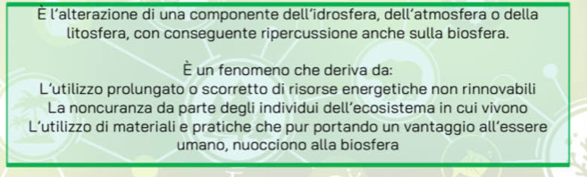 É l'alterazione di una componente dell’idrosfera, dell´atmosfera o della
litosfera, con conseguente ripercussione anche sulla biosfera.
È un fenomeno che deriva da:
L’utilizzo prolungato o scorretto di risorse energetiche non rinnovabili
La noncuranza da parte degli individui dell’ecosistema in cui vivono
L’utilizzo di materiali e pratiche che pur portando un vantaggio all’essere
umano, nuocciono alla biosfera