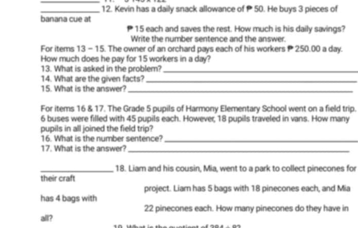 Kevin has a daily snack allowance of 50. He buys 3 pieces of 
banana cue at
15 each and saves the rest. How much is his daily savings? 
Write the number sentence and the answer. 
For items 13 - 15. The owner of an orchard pays each of his workers 250.00 a day. 
How much does he pay for 15 workers in a day? 
13. What is asked in the problem?_ 
14. What are the given facts?_ 
15. What is the answer?_ 
For items 16 & 17. The Grade 5 pupils of Harmony Elementary School went on a field trip.
6 buses were filled with 45 pupils each. However; 18 pupils traveled in vans. How many 
pupils in all joined the field trip? 
16. What is the number sentence?_ 
17. What is the answer?_ 
_18. Liam and his cousin, Mia, went to a park to collect pinecones for 
their craft 
project. Liam has 5 bags with 18 pinecones each, and Mia 
has 4 bags with
22 pinecones each. How many pinecones do they have in 
all?