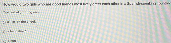 How would two girls who are good friends most likely greet each other in a Spanish-speaking country?
a verbal greeting only
a kiss on the cheek
a handshake
a hug