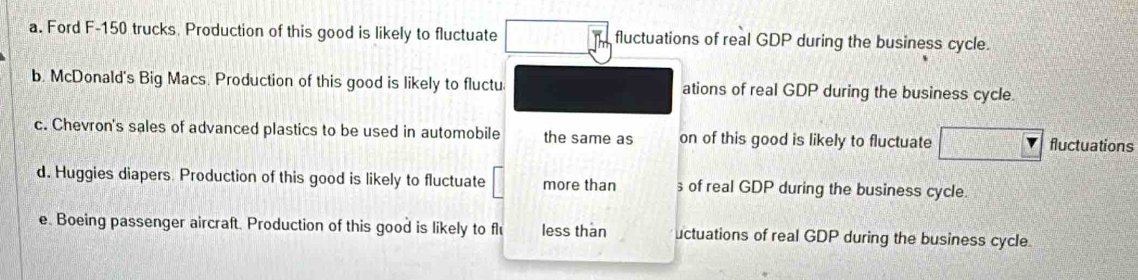 Ford F-150 trucks. Production of this good is likely to fluctuate fluctuations of real GDP during the business cycle.
b. McDonald's Big Macs. Production of this good is likely to fluctu ations of real GDP during the business cycle.
c. Chevron's sales of advanced plastics to be used in automobile the same as on of this good is likely to fluctuate fluctuations
d. Huggies diapers. Production of this good is likely to fluctuate more than s of real GDP during the business cycle.
e. Boeing passenger aircraft. Production of this good is likely to flu less than uctuations of real GDP during the business cycle.
